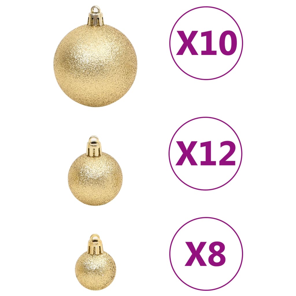 Gold polystyrene Christmas baubles set with 10 large, 12 medium, and 8 small ornaments, offering affordable quality decoration options.