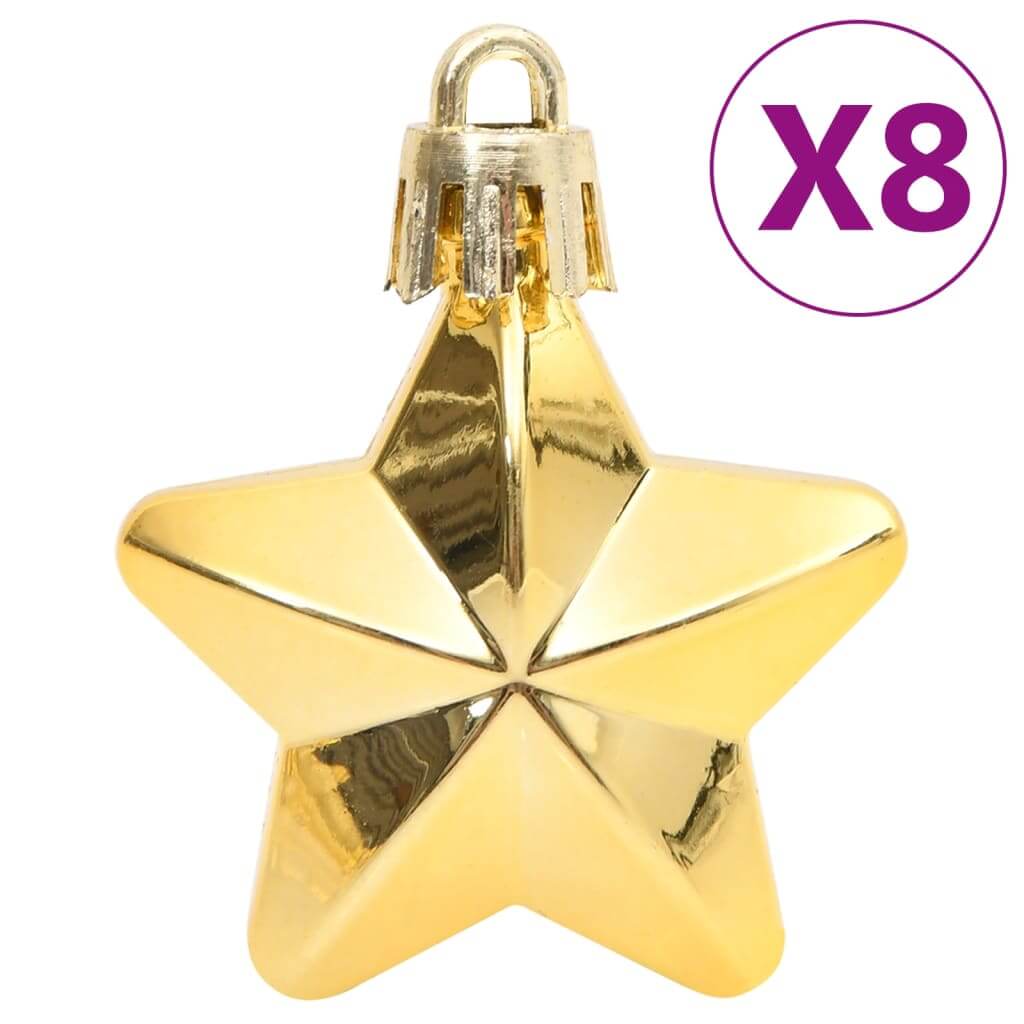 Gold polystyrene star-shaped bauble with eight-count label, part of an affordable, quality 111 piece Christmas bauble set.