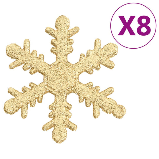 Gold glitter snowflake ornament set of 8 for Christmas decoration and crafts.