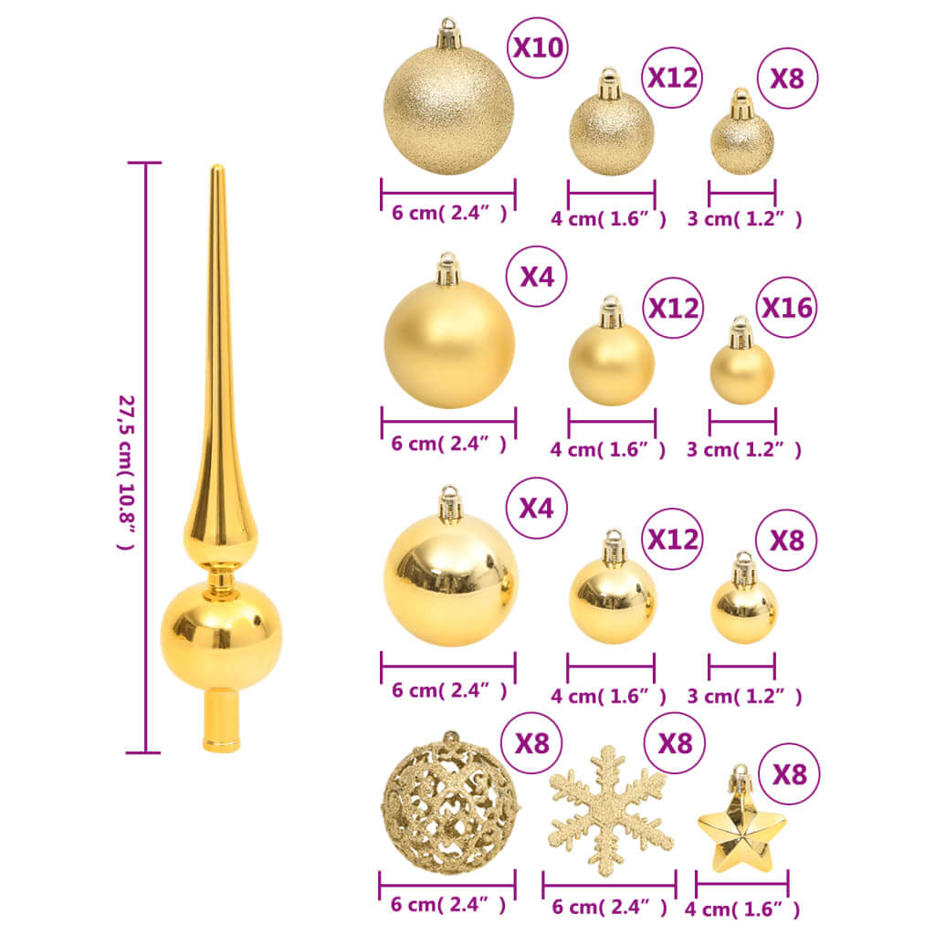 Gold Christmas bauble set, including various sizes and styles, ideal for decorating. Affordable and quality polystyrene ornaments.