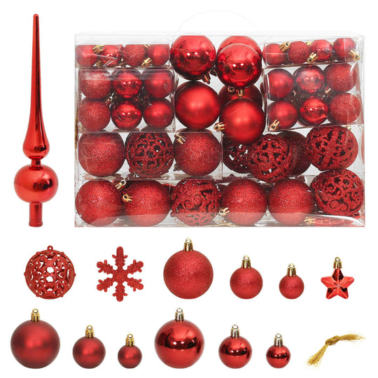 Red polystyrene Christmas bauble set with various styles and sizes, offering affordable quality for festive tree decoration.