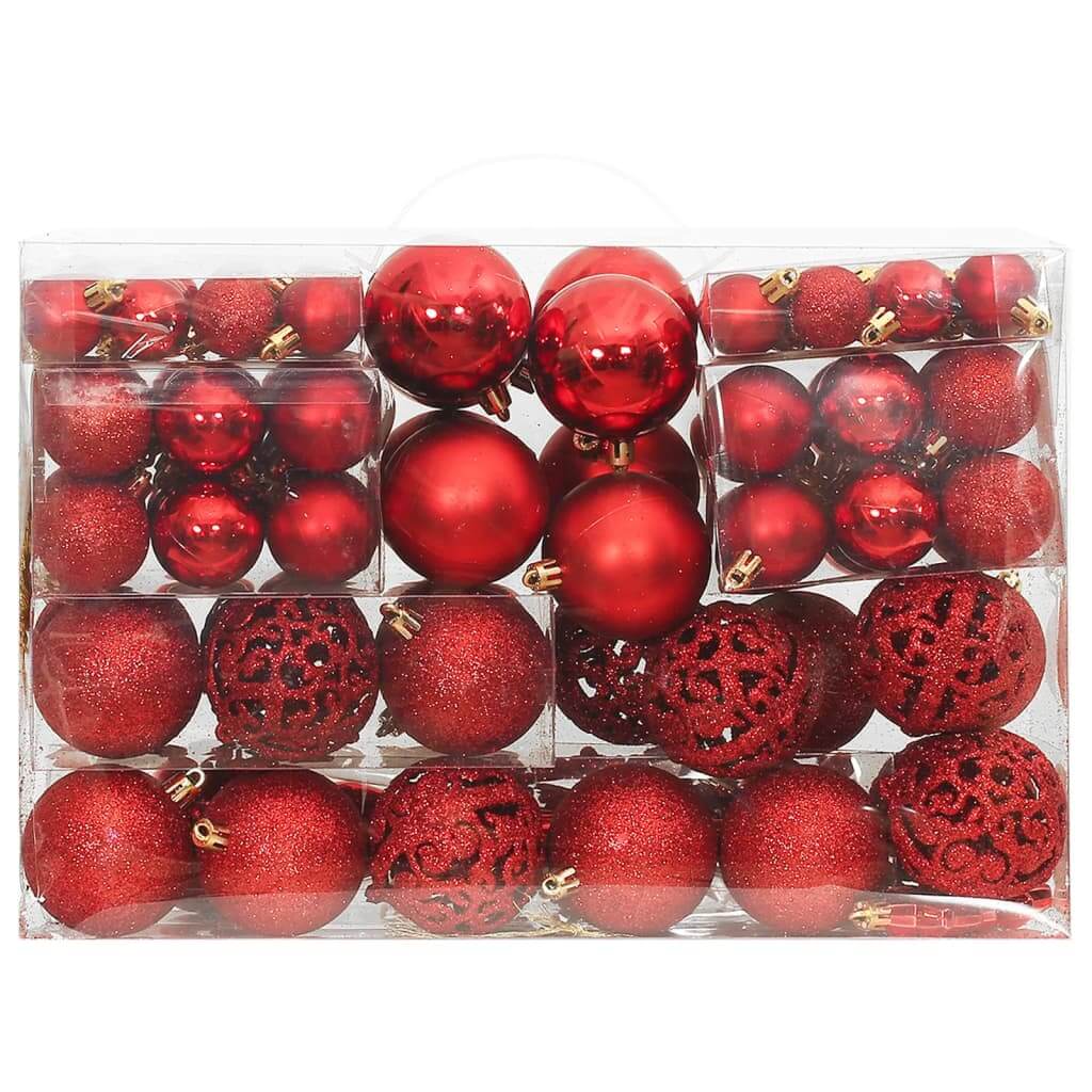 Red 111-piece affordable quality Christmas bauble set made of shatterproof polystyrene, featuring various styles and sizes for tree decoration