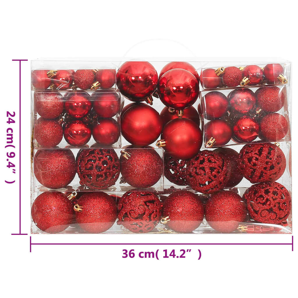 Affordable quality 111-piece Christmas bauble set in red polystyrene, featuring various styles and sizes, in transparent packaging.