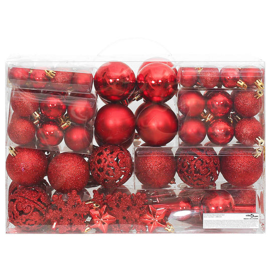 111 Piece Christmas Bauble Set in Red Polystyrene, including assorted sizes for a festive tree, affordable and quality holiday decoration.