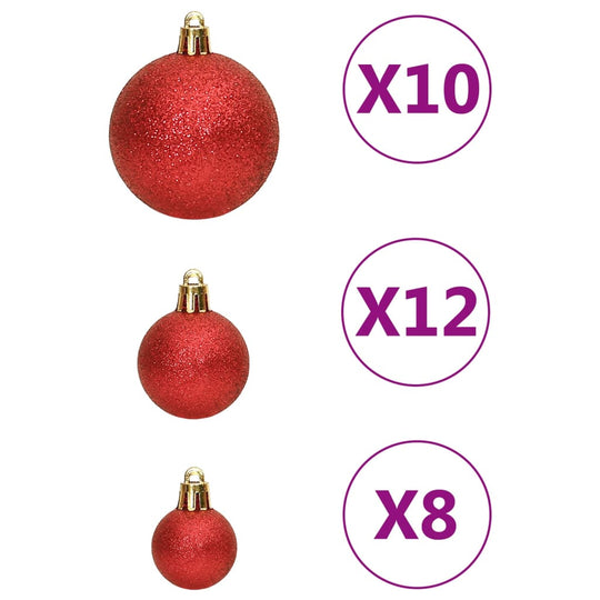 111 piece Christmas bauble set in red polystyrene, featuring 30 affordable quality shatterproof ornaments of various sizes.