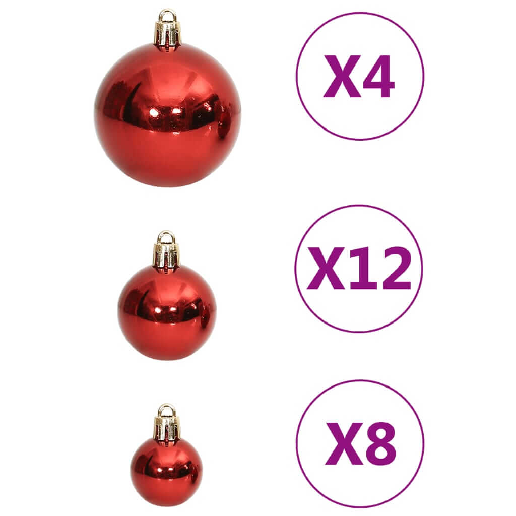 Red Christmas baubles set in three sizes with quantities: 4 large, 12 medium, 8 small, featuring shatterproof polystyrene material.