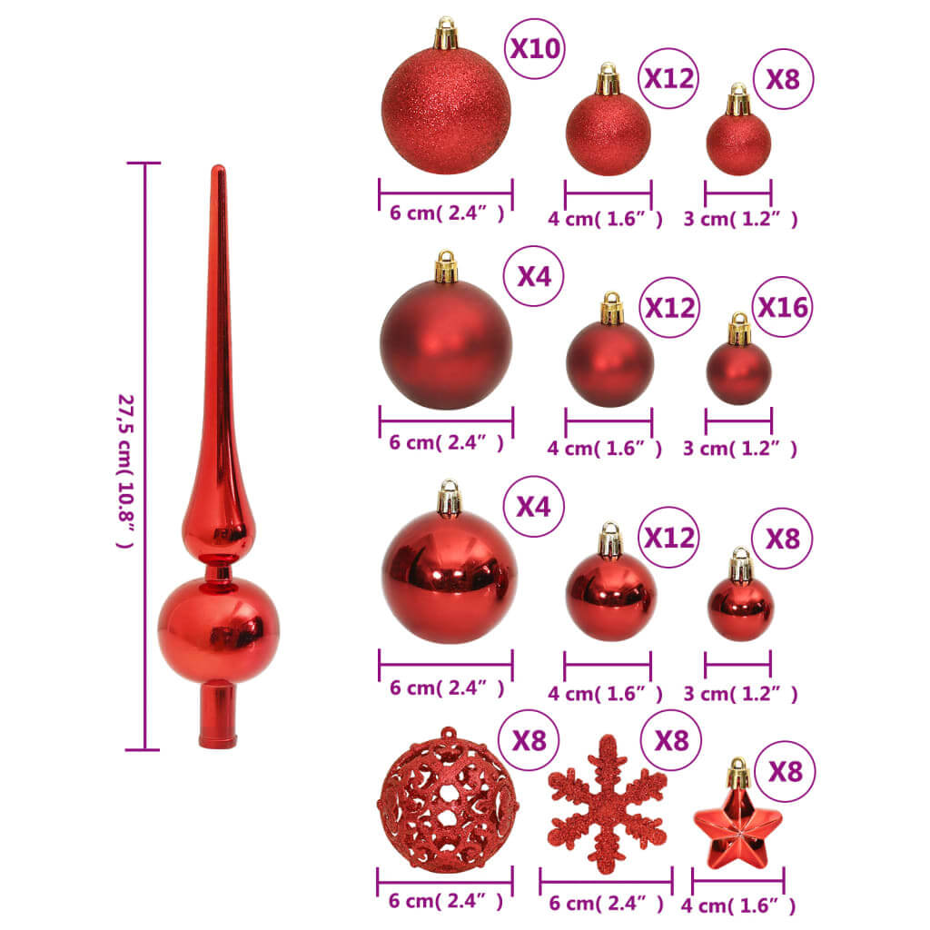 111 piece red polystyrene Christmas bauble set with various styles and sizes including tree topper and ornaments in 3cm, 4cm, 6cm.