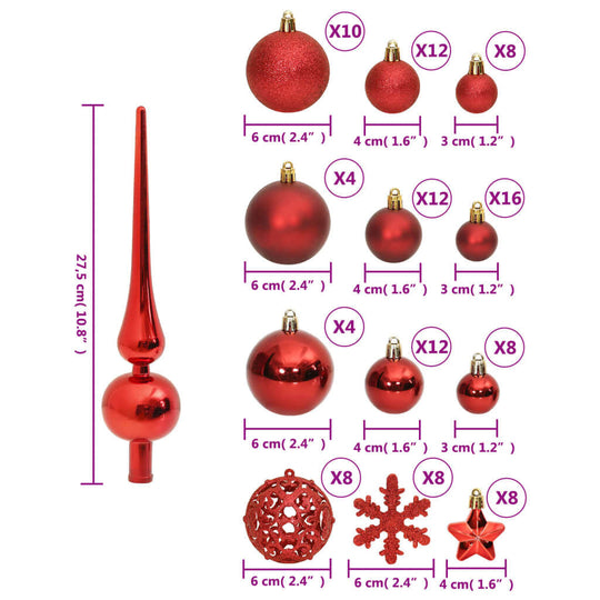 111 piece red polystyrene Christmas bauble set with various styles and sizes including tree topper and ornaments in 3cm, 4cm, 6cm.