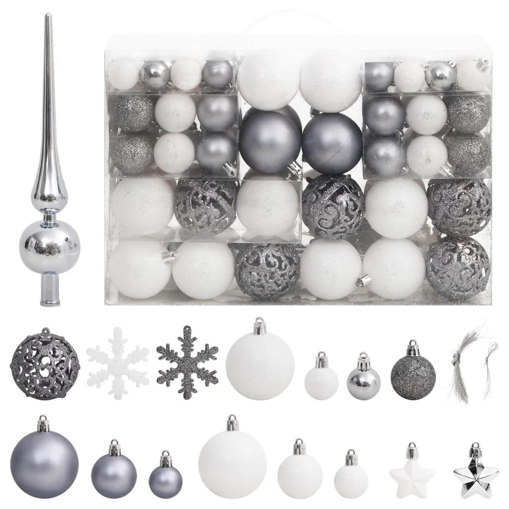 Affordable quality 111 piece Christmas bauble set in white and grey polystyrene with various styles and sizes, including shatterproof ornaments.