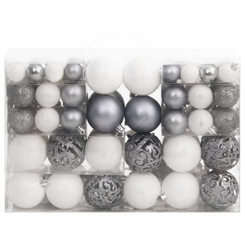 111 Piece Christmas Bauble Set in White and Grey Polystyrene, Affordable Quality Decorations for Holiday Trees and Home Decor