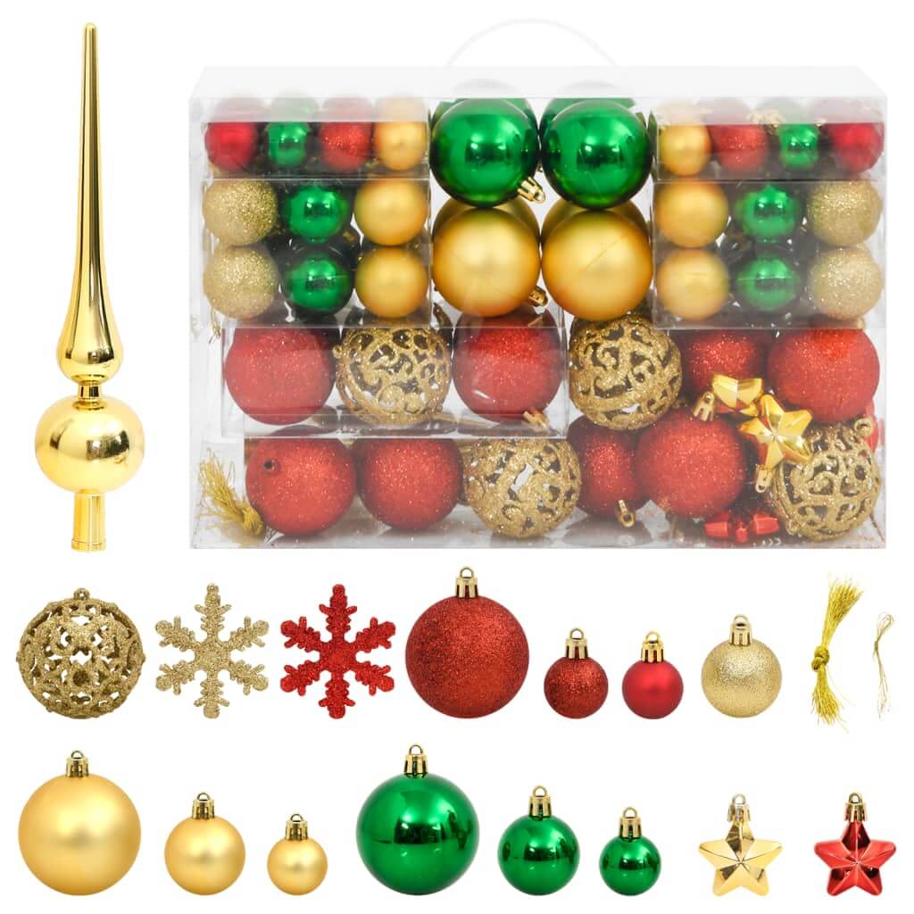 112 Piece Christmas Bauble Set in Red, Green, and Gold Polystyrene - Affordable, Quality Shatterproof Ornaments in Various Styles and Sizes