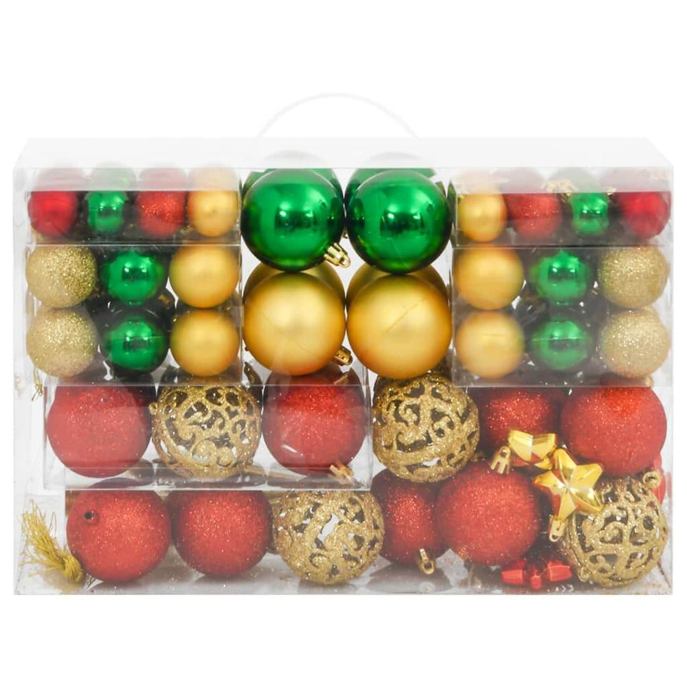 Affordable 112 piece Christmas bauble set in red, green, and gold, featuring quality, shatterproof polystyrene ornaments in various sizes.