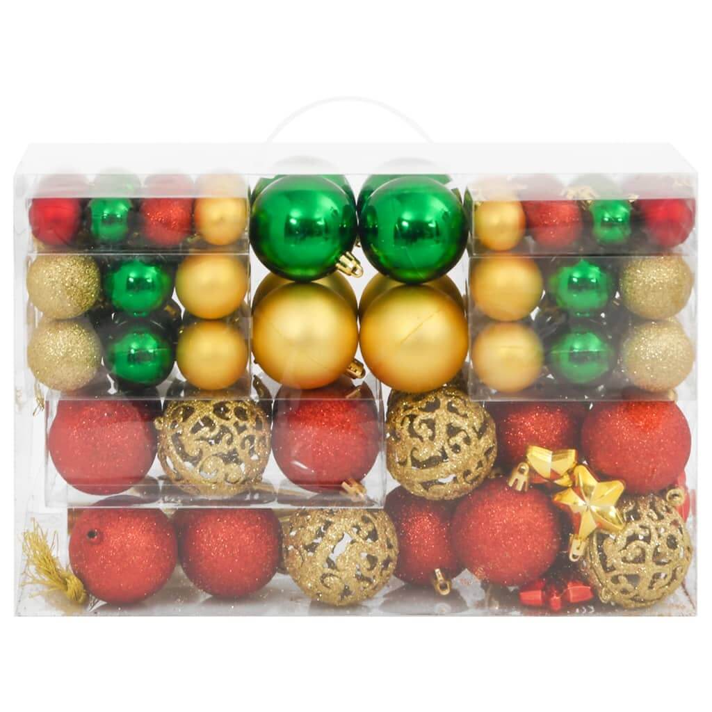 Affordable 112 piece Christmas bauble set in red, green, and gold, featuring quality, shatterproof polystyrene ornaments in various sizes.