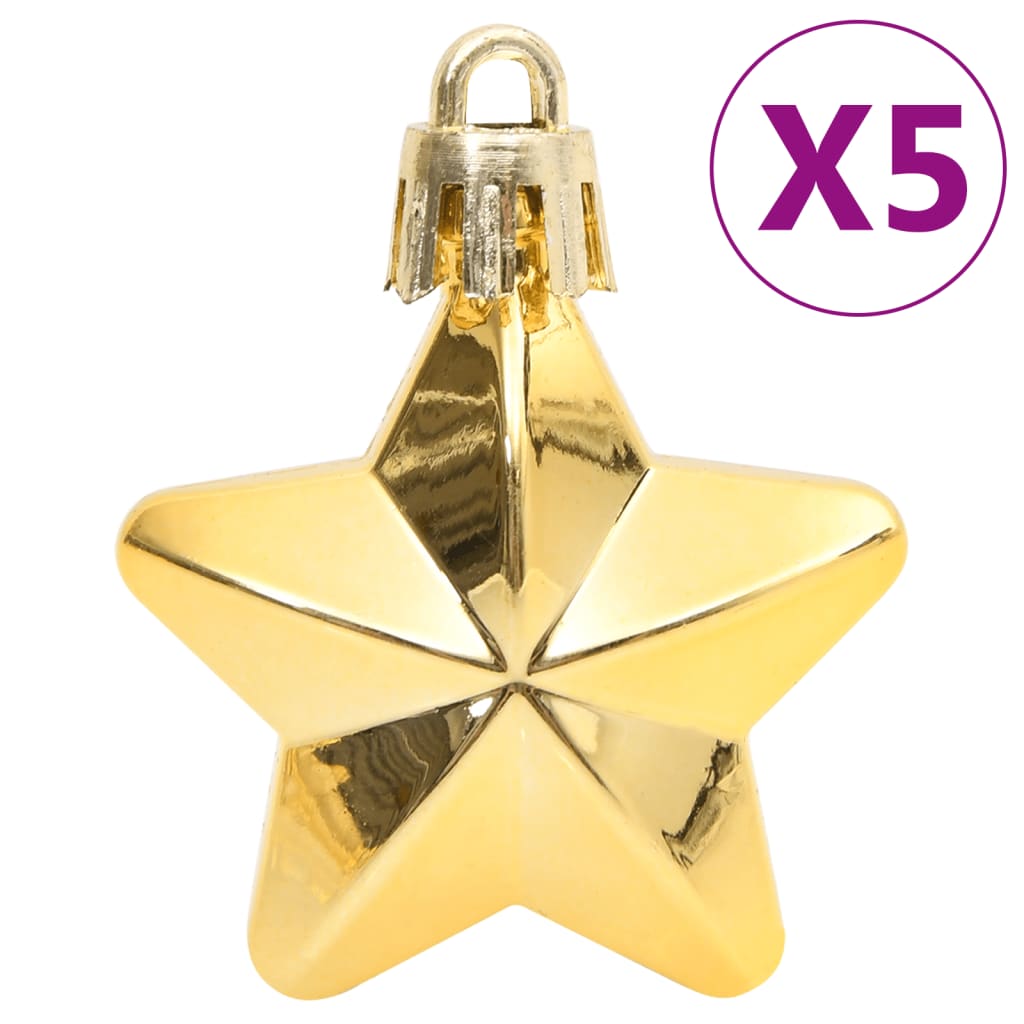 Set of 5 gold star-shaped Christmas tree baubles with shiny finish.