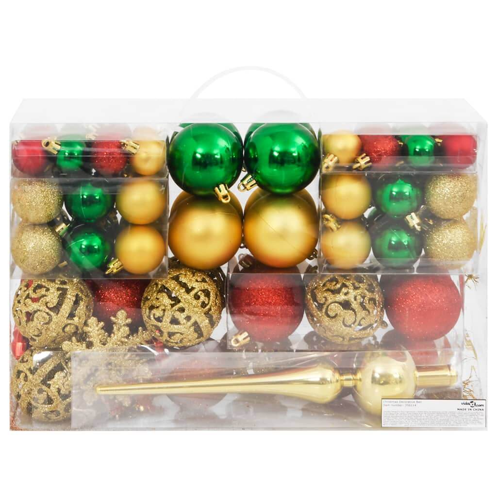 112 piece Christmas bauble set in red, green, and gold, made from quality shatterproof polystyrene - stylish and affordable décor.