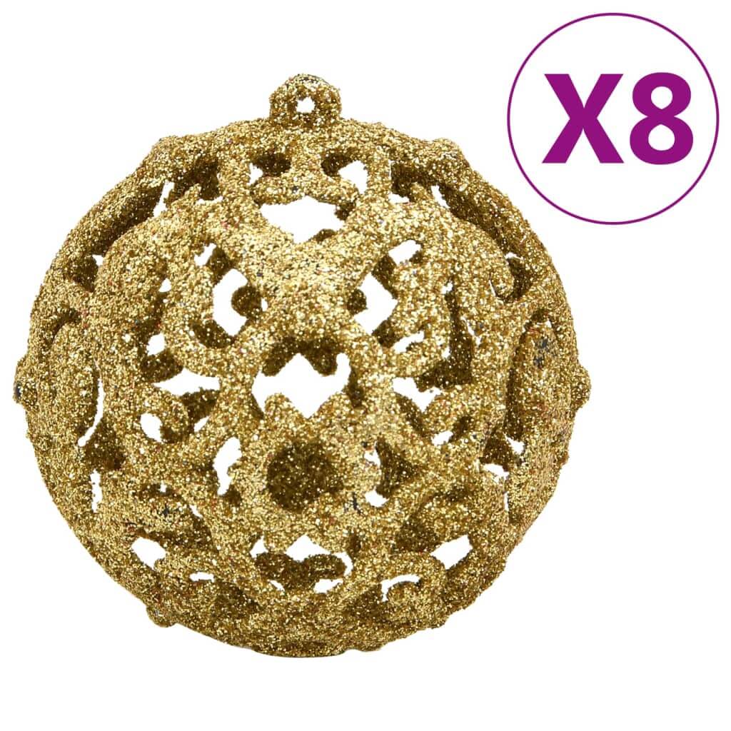 Gold glitter Christmas bauble with intricate design, part of an affordable quality 112 piece set, includes 8 baubles in three sizes.