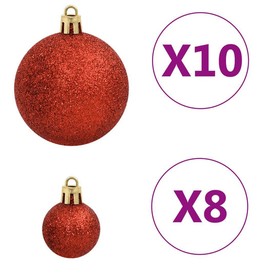 Red glitter Christmas baubles set with 10 large and 8 small ornaments, perfect for festive decorating.