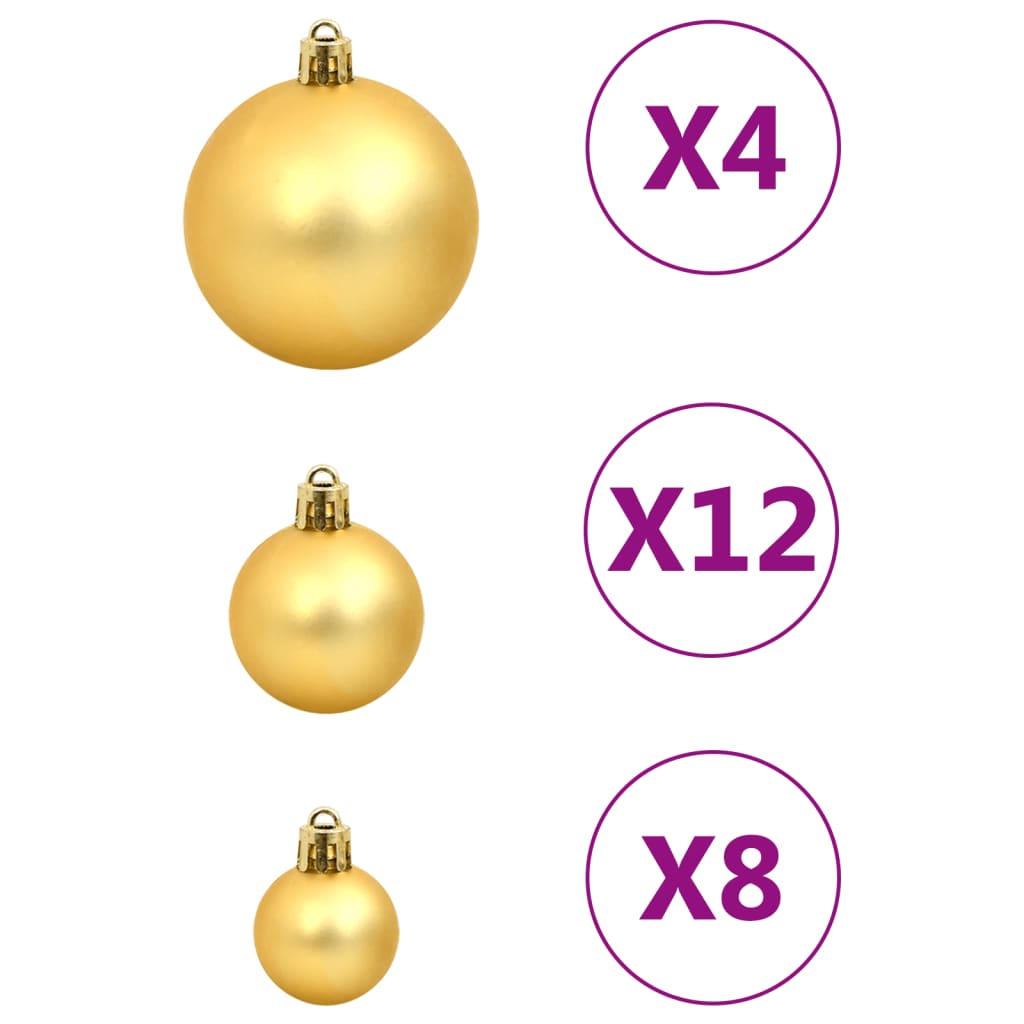 Gold Christmas baubles in three sizes with quantities; 4 large, 12 medium, 8 small; affordable quality holiday decoration set.