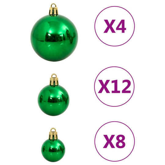 Green Christmas baubles set with varying sizes and quantities: 4 large, 12 medium, and 8 small, providing an affordable and quality decoration option.