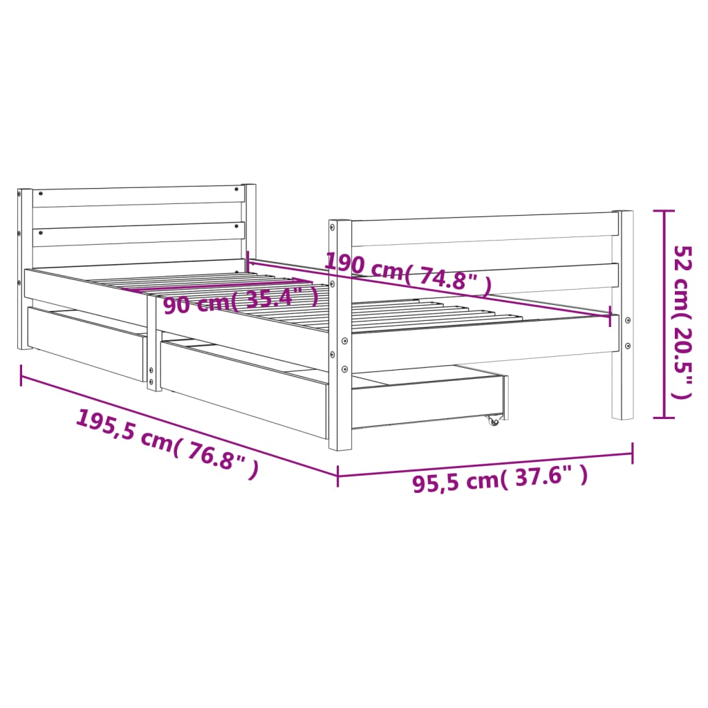 Kids Bed Frame with Drawers White 90x190 cm Solid Wood Pine