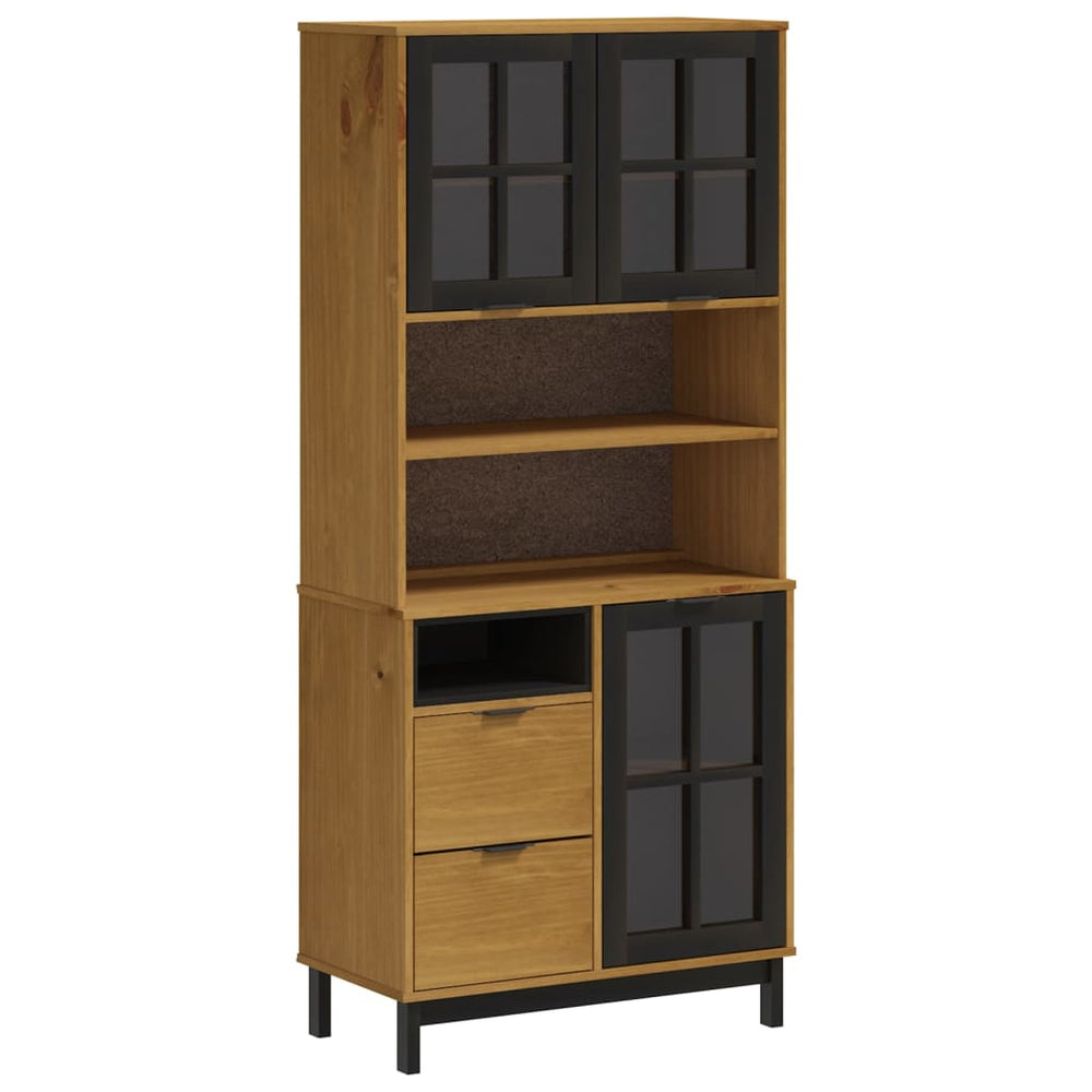 Highboard With Glass Doors Flam 80X40X180 Cm Solid Wood Pine