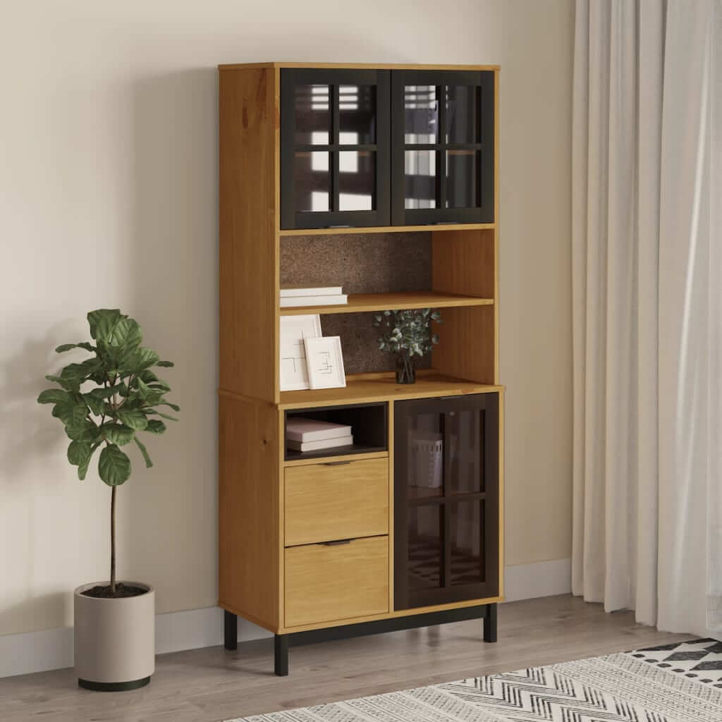 Highboard With Glass Doors Flam 80X40X180 Cm Solid Wood Pine