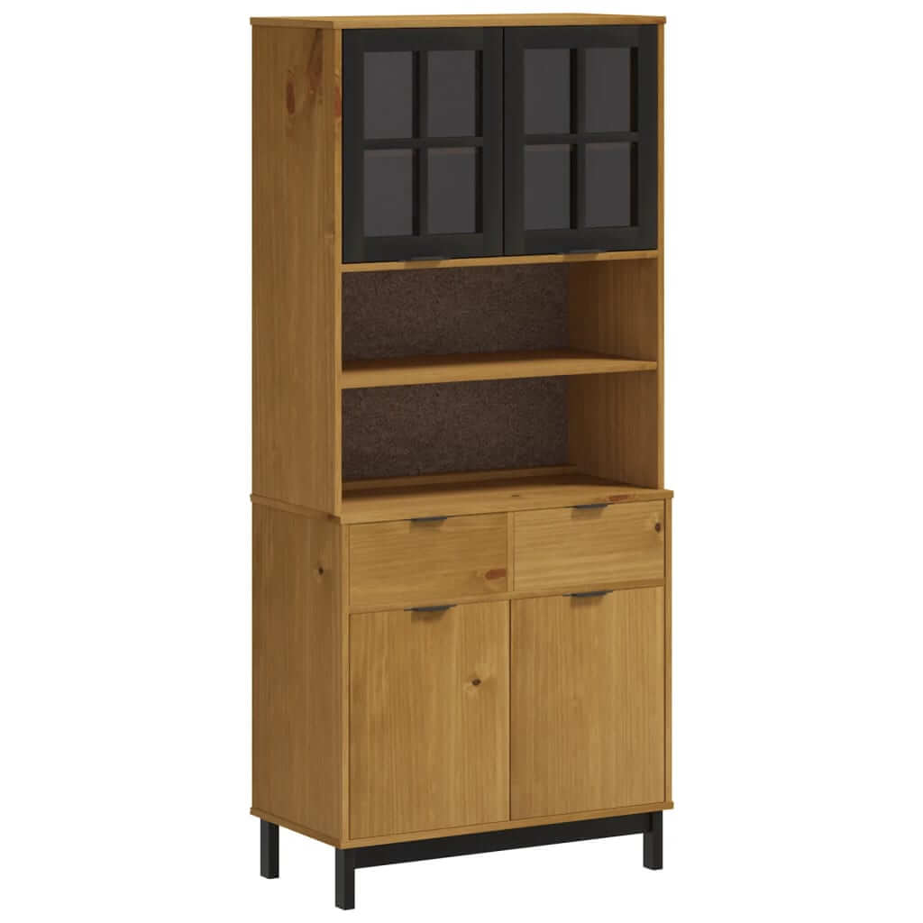 Highboard With Glass Doors Flam 80X40X180 Cm Solid Wood Pine