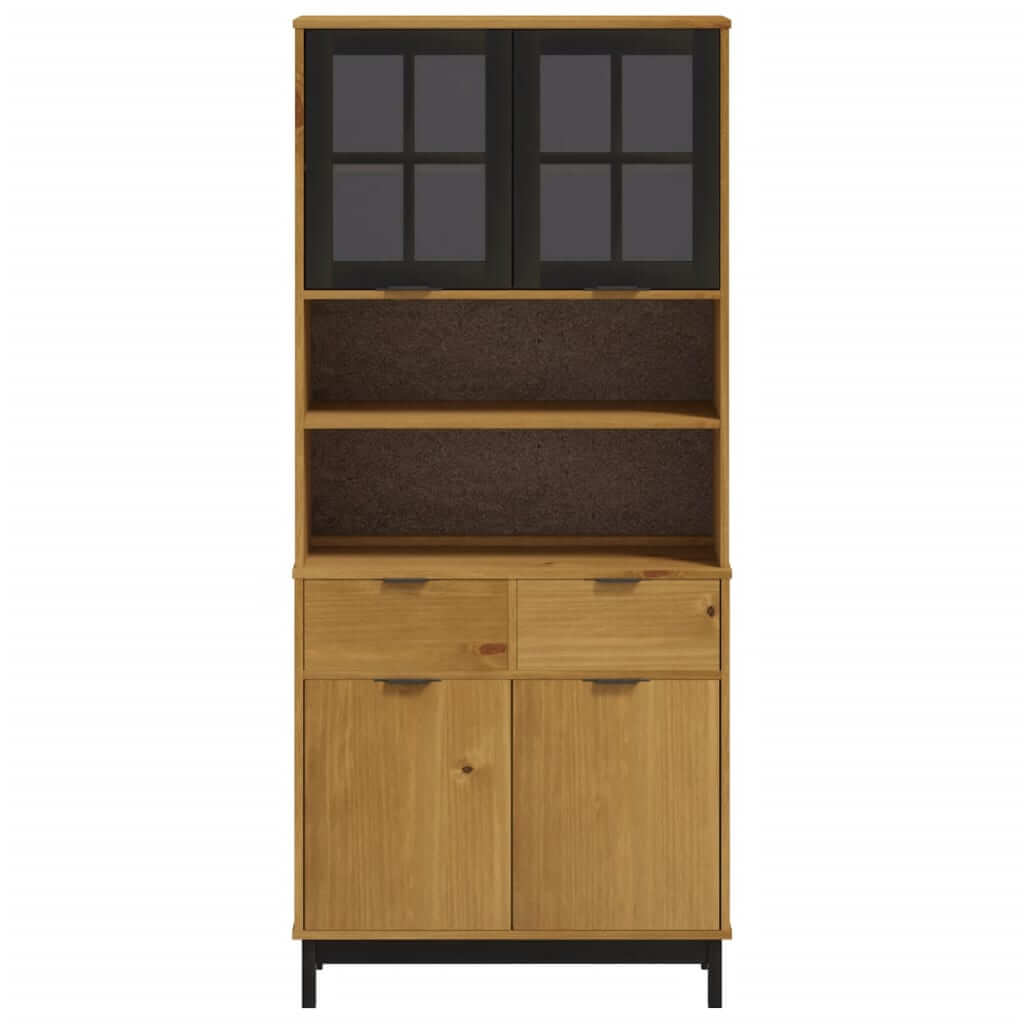 Highboard With Glass Doors Flam 80X40X180 Cm Solid Wood Pine