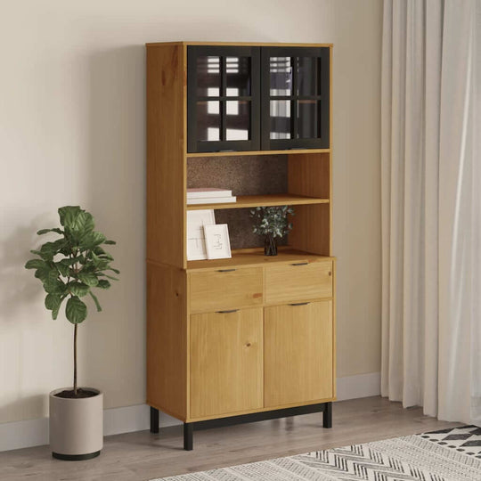 Highboard With Glass Doors Flam 80X40X180 Cm Solid Wood Pine