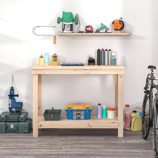 Solid wood pine work bench with ample storage in garage, showcasing organized tools, affordable quality furniture.