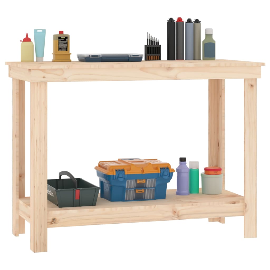 Wooden work bench 110x50x80 cm with ample storage, made from solid pine wood, showcasing organized tools and accessories.