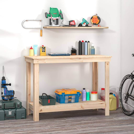 Affordable, quality solid wood pine work bench 110x50x80 cm with storage shelf in a garage setting, tools and accessories organized.