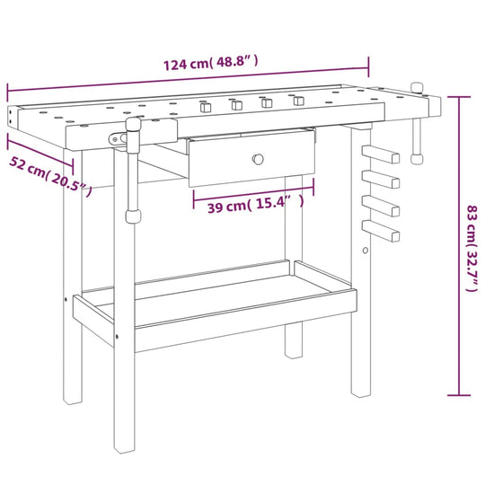 Workbench with Drawer and Vices 124x52x83 cm Solid Wood Acacia