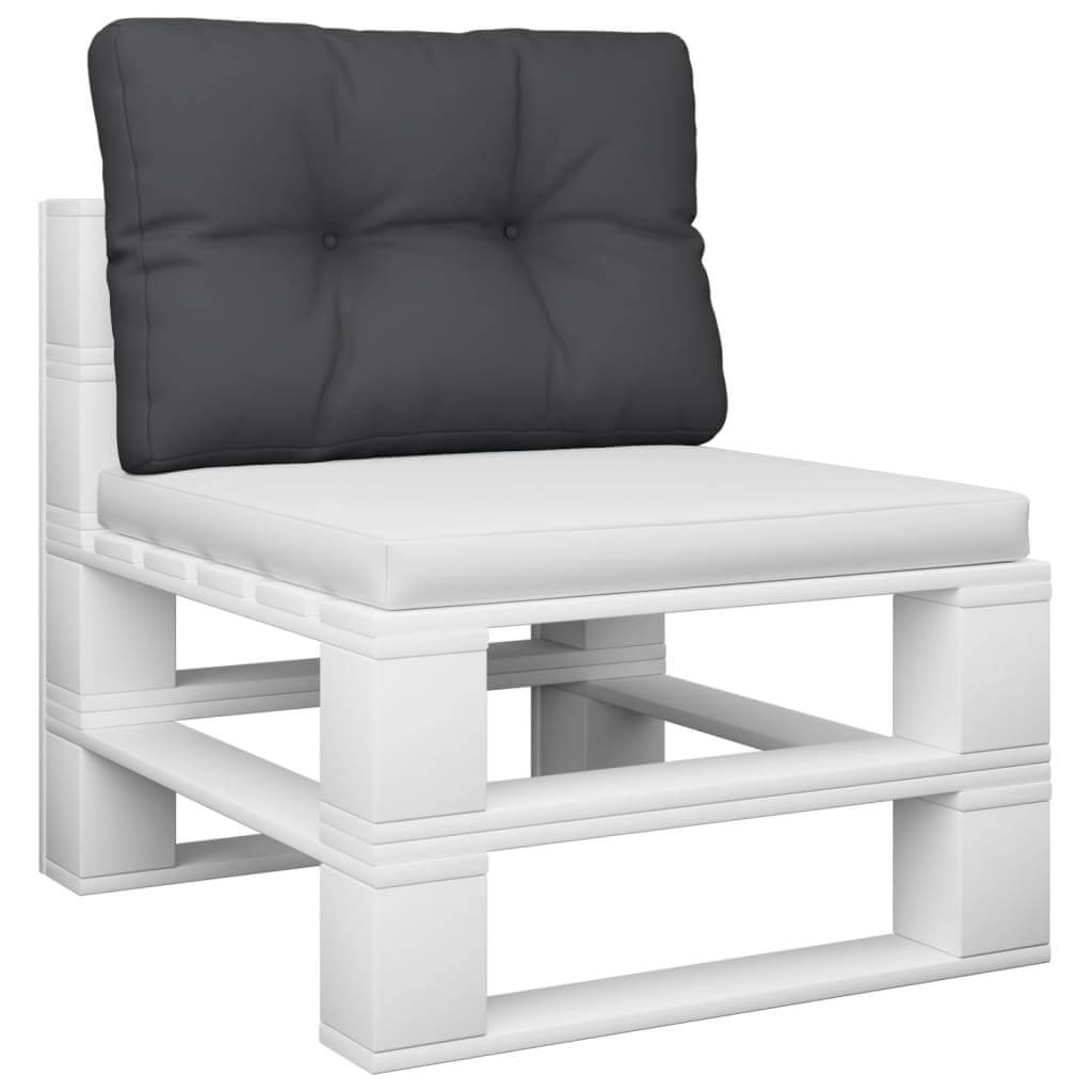 Black pallet cushion on white chair, 50x40x12 cm, affordable quality, durable for outdoor use, water-resistant fabric