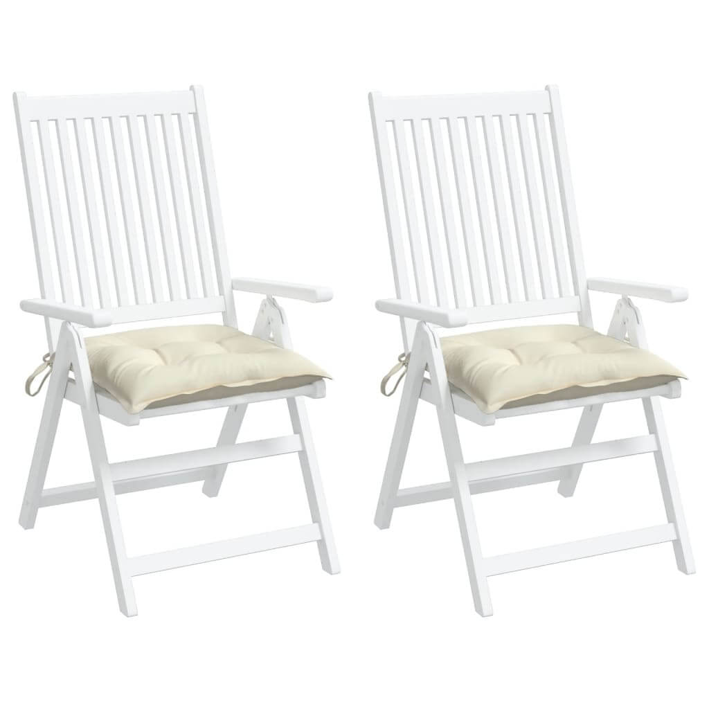 Cream White 50x50x7 cm chair cushions on white outdoor chairs, made from quality Oxford fabric, affordable and durable for outdoor spaces.