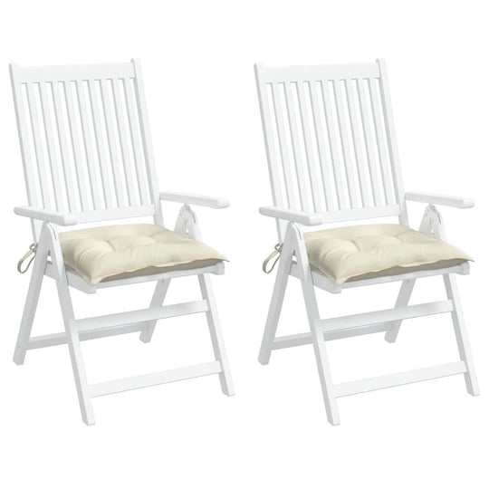 Cream White 50x50x7 cm chair cushions on white outdoor chairs, made from quality Oxford fabric, affordable and durable for outdoor spaces.