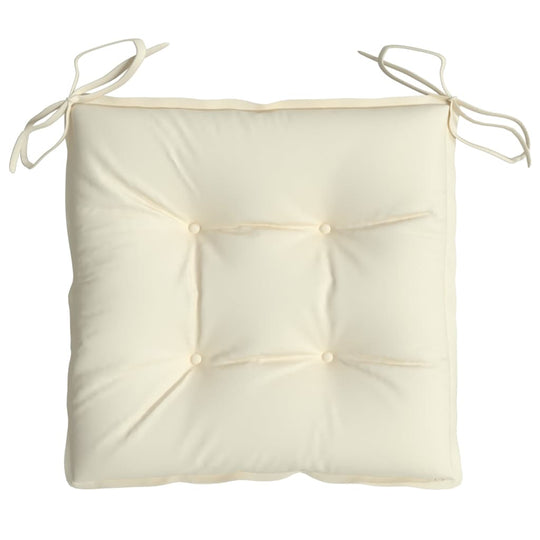 Cream white Oxford fabric chair cushion with soft filling and tie strings, 50x50x7 cm, durable, affordable quality for outdoor living spaces.