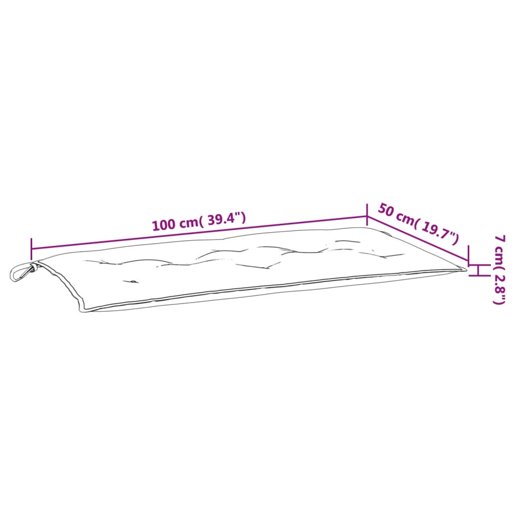 Diagram showing dimensions of beige garden bench cushion, 100x50x7 cm, made from durable Oxford fabric for affordable quality comfort.