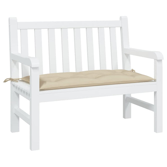 Beige garden bench cushion on white bench, 100x50x7 cm, made from quality Oxford fabric, lightweight and affordable.