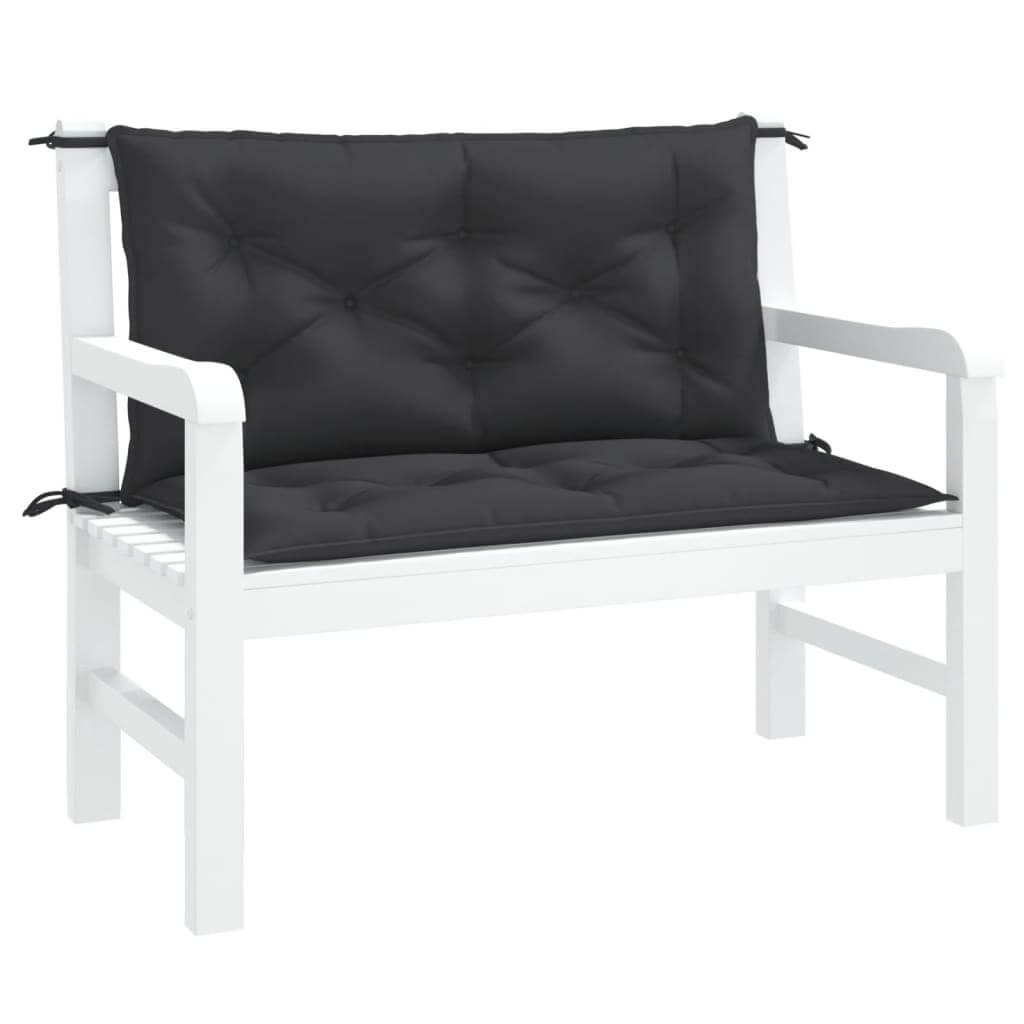 Black garden bench cushions 2pcs on white bench, Oxford fabric, 100x50x7 cm. Affordable quality, soft and durable outdoor seating.