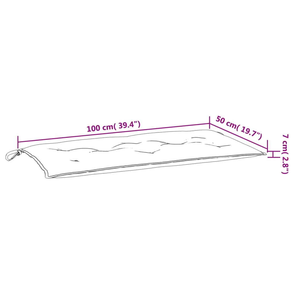 Dimensions of Garden Bench Cushions 100x50x7 cm with labels indicating length, width, and height.