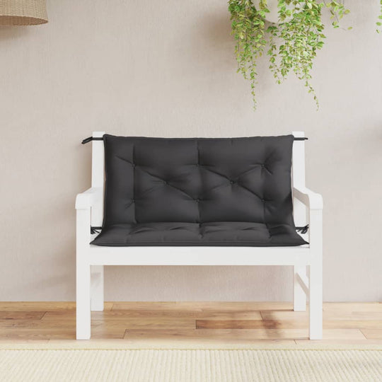 Black garden bench cushions 100x50x7 cm on white bench, made from durable Oxford fabric, perfect for comfortable and affordable outdoor seating.