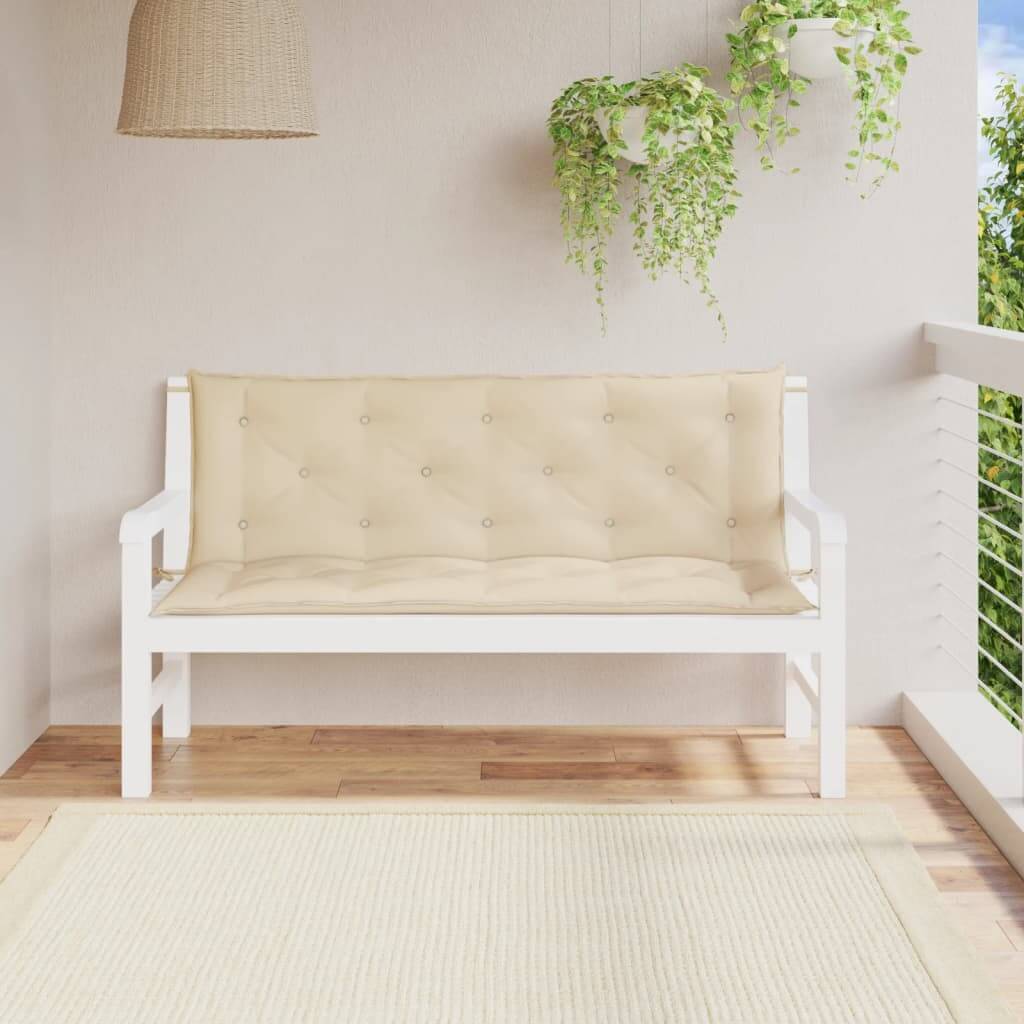 Beige garden bench cushions in Oxford fabric on white wooden bench in outdoor space with hanging plants. Affordable, high quality.