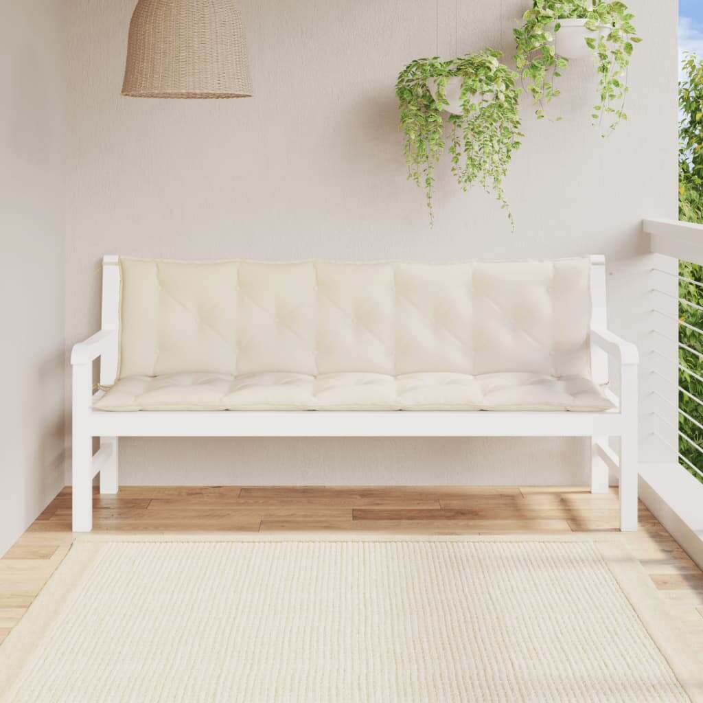 Cream white garden bench cushions on a white bench in outdoor space, made from affordable quality Oxford fabric, 180x50x7 cm, enhancing patio decor.