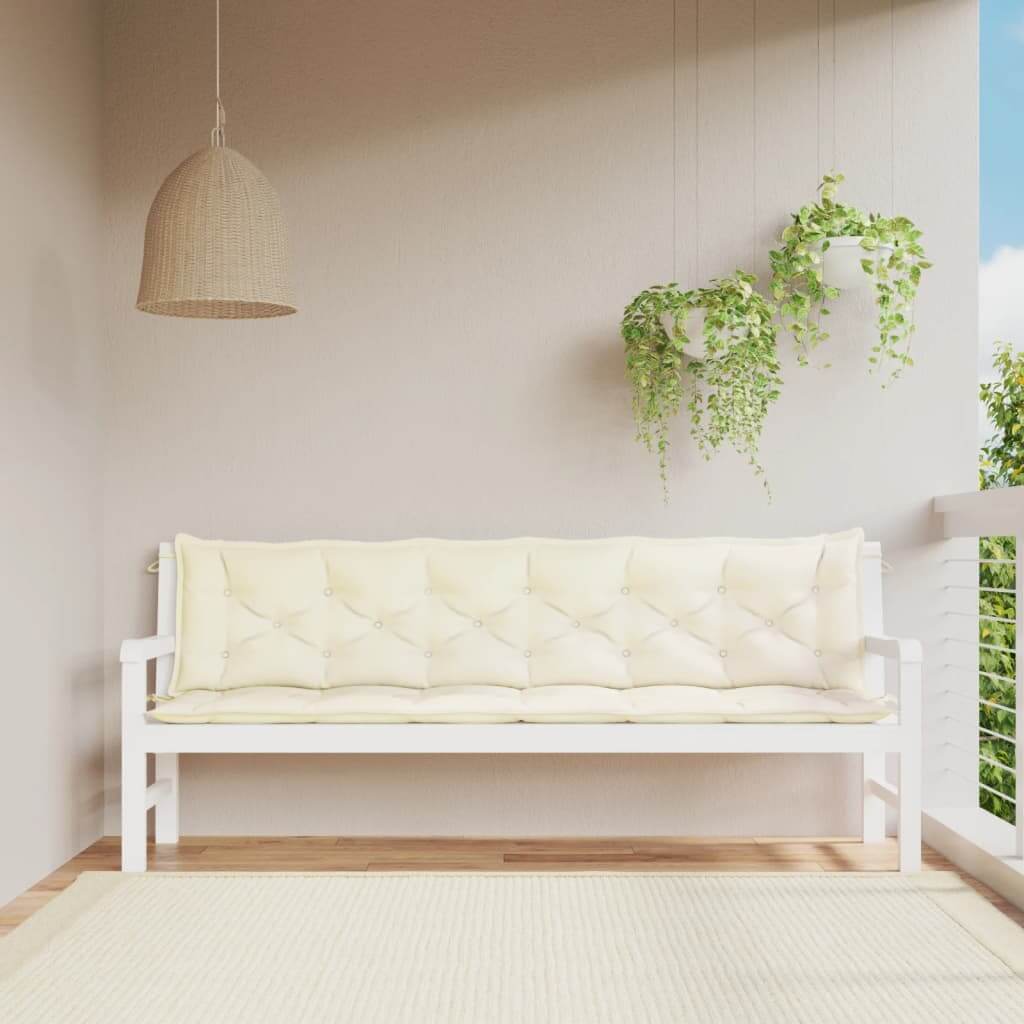 Cream white 200x50x7cm garden bench cushions on a white bench, made of durable Oxford fabric, enhancing outdoor living space.