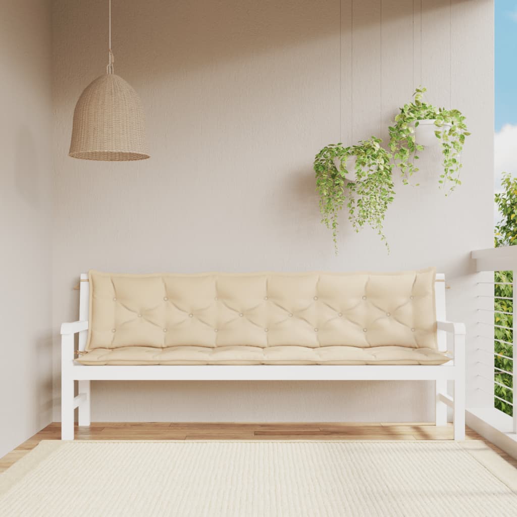 Beige garden bench cushions on white bench with hanging plants, featuring durable Oxford fabric for affordable quality comfort.