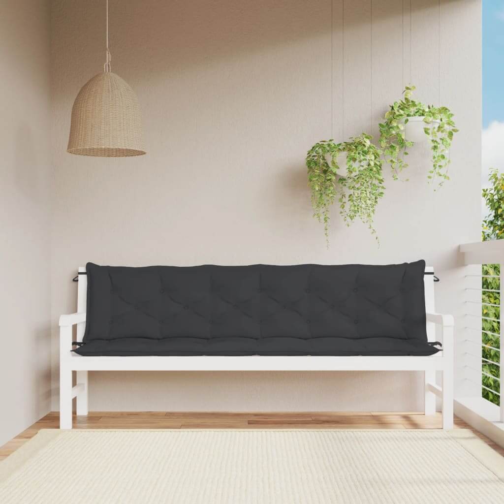 Black garden bench cushions on white bench, outdoor patio setting, Oxford fabric, affordable and quality, 200x50x7cm.