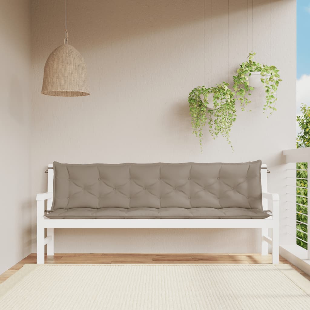 Affordable quality taupe garden bench cushion 200x50x7 cm on white bench, Oxford fabric, outdoor furniture.