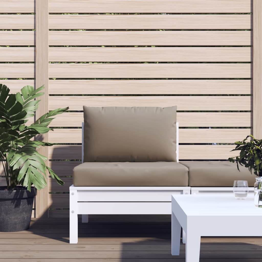 Affordable quality taupe Oxford fabric pallet cushions on outdoor white seating with plants and table.