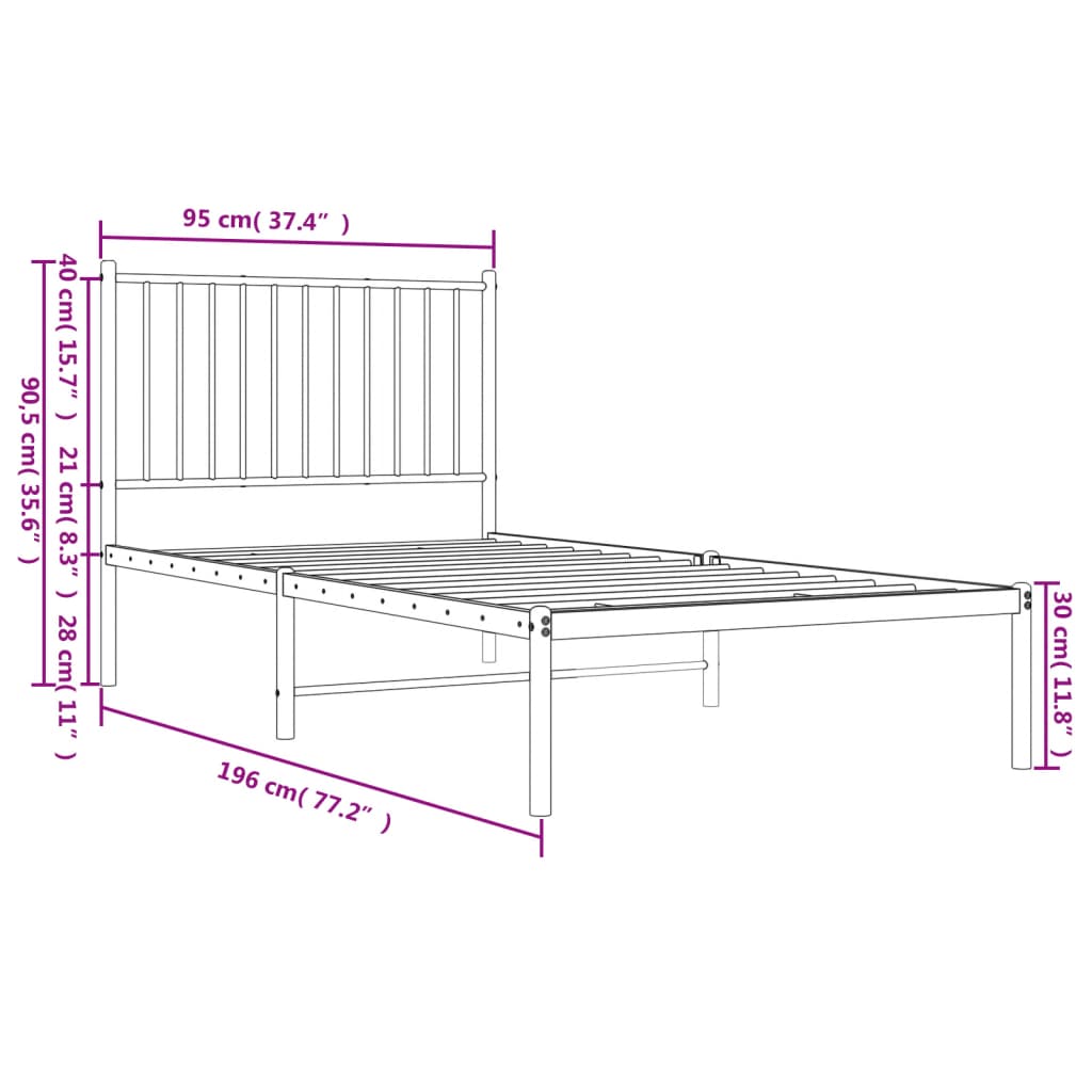 Metal Bed Frame without Mattress with Headboard Black 90x190 cm